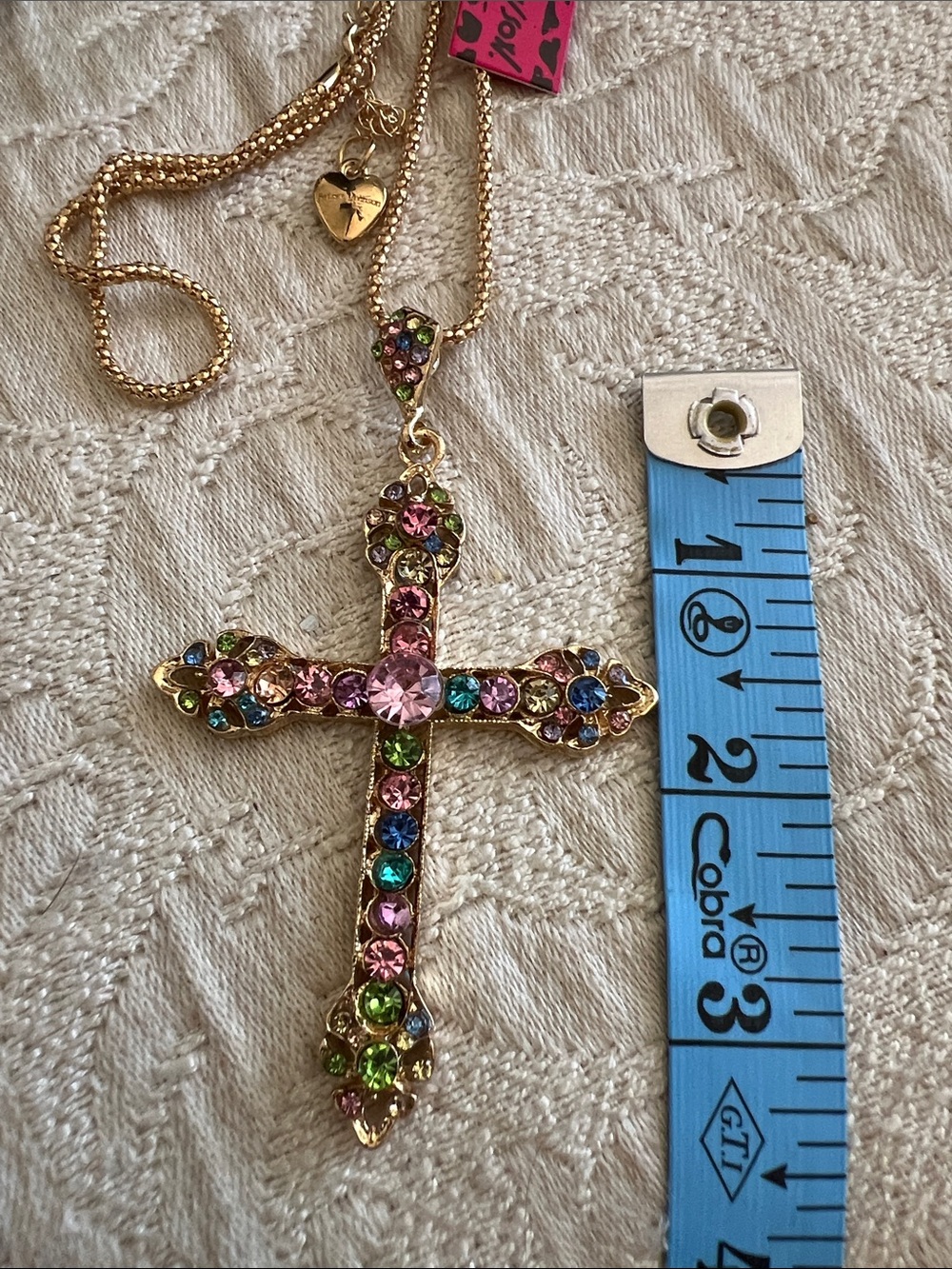 Betsey Johnson Gold-tone Multicolor Crystal Cross Pendant Necklace NWT - Picture 5 of 6